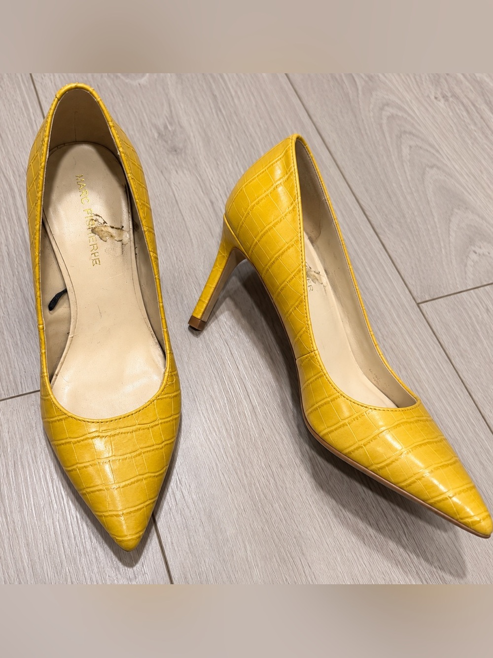 Marc Fisher Yellow Croc-Embossed Pointed Pumps